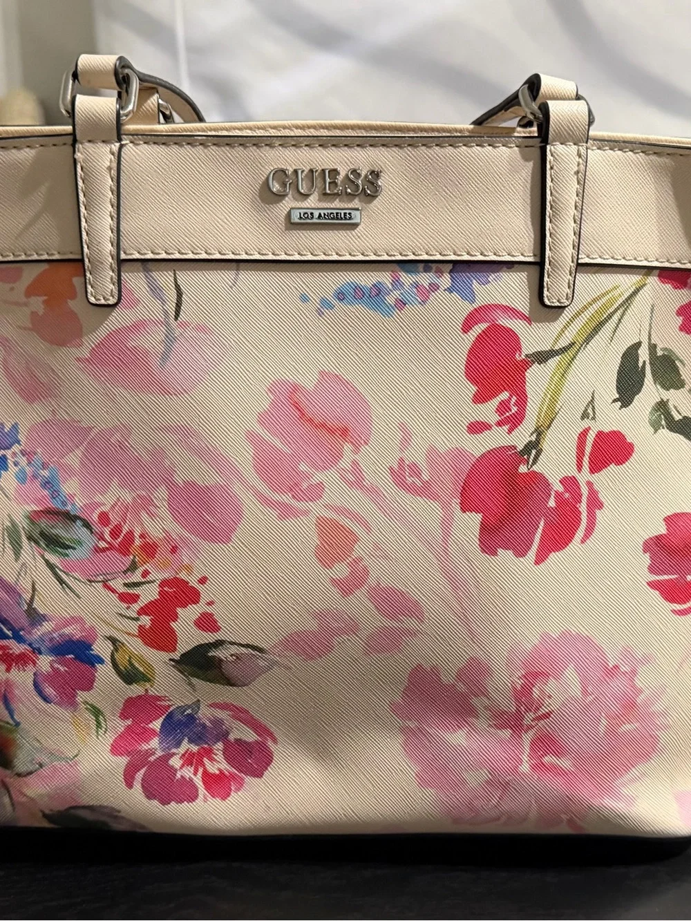 GUESS Floral Tote in Cream with Pink Accents